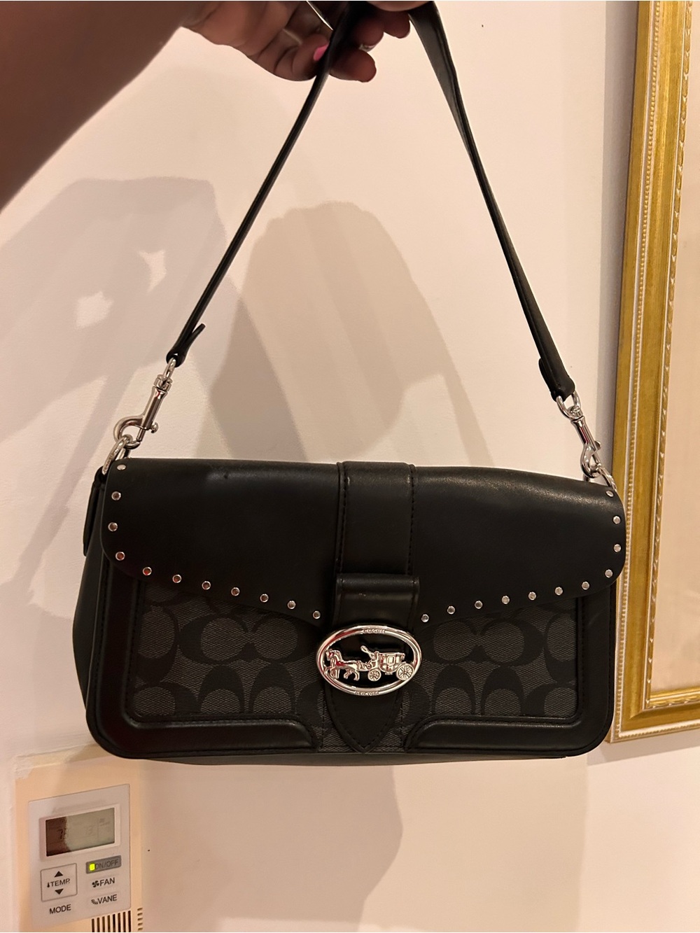 Coach Black Signature Canvas and Leather Shoulder Bag with Silver Hardware